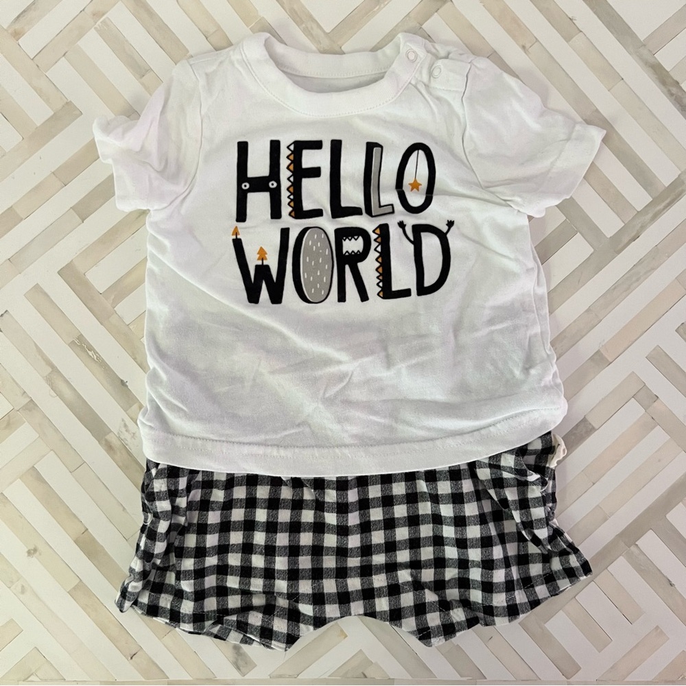 GAP Baby Hello World Onesie with Gingham Shorts, 3-6mo